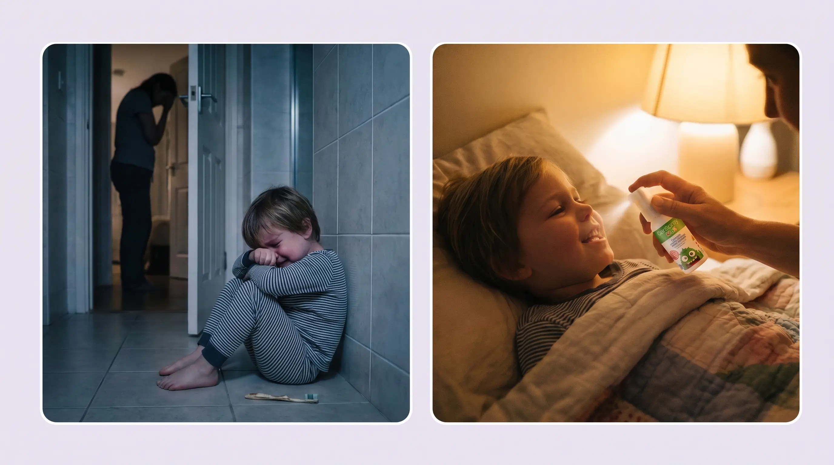 Left: a bedtime brushing battle ends with nothing. Right: the small step — one gentle spray at bedside