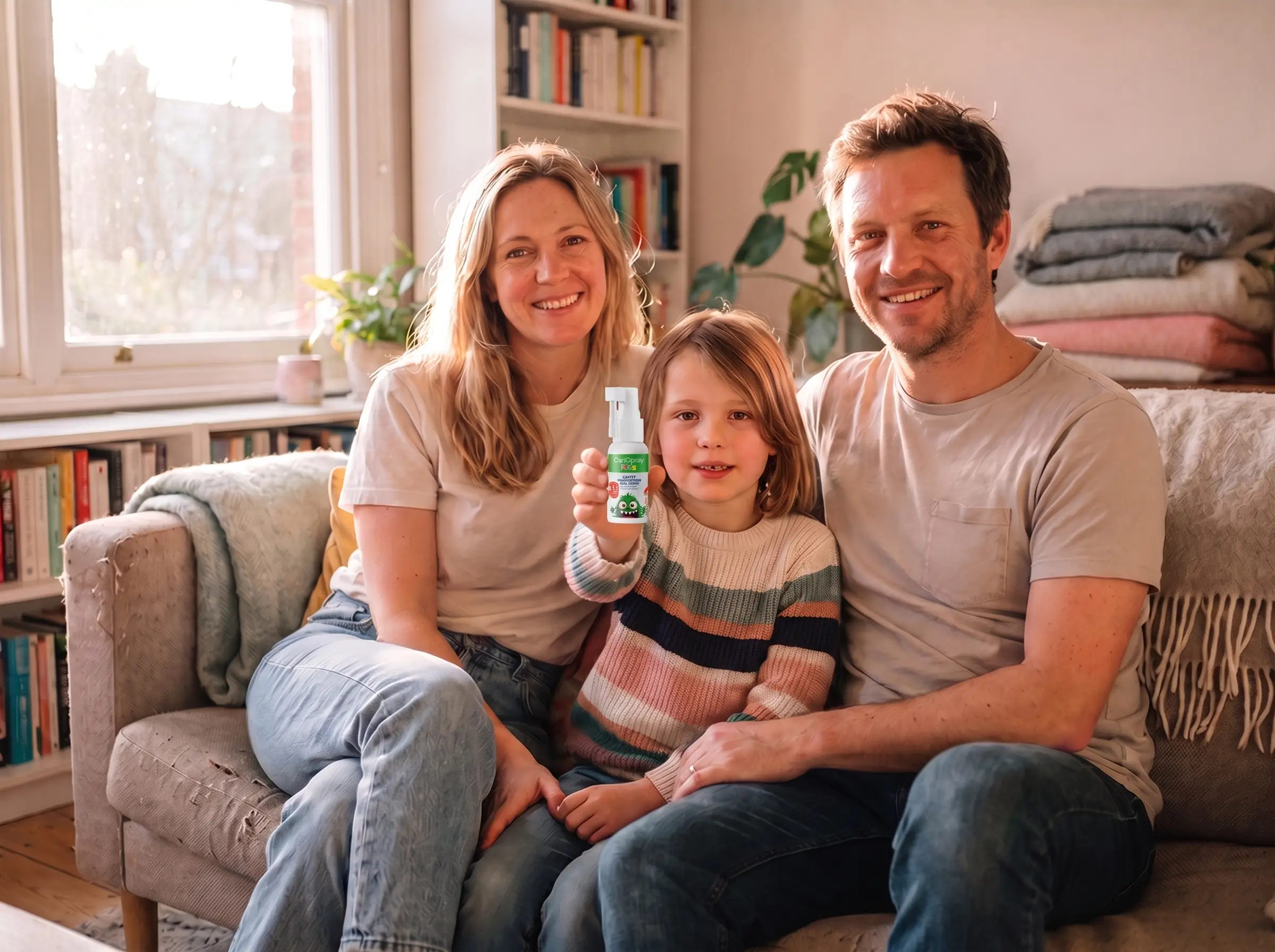 Family with their child holding CariSpray Kids