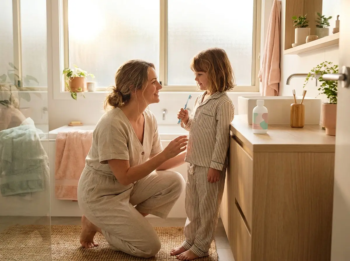 Parent kneeling beside a calm child holding a toothbrush, CariSpray Kids on the counter