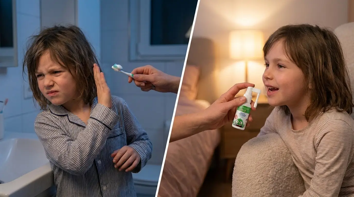 Left: child overwhelmed by toothbrush and foam. Right: parent calmly offering CariSpray Kids as a small next step